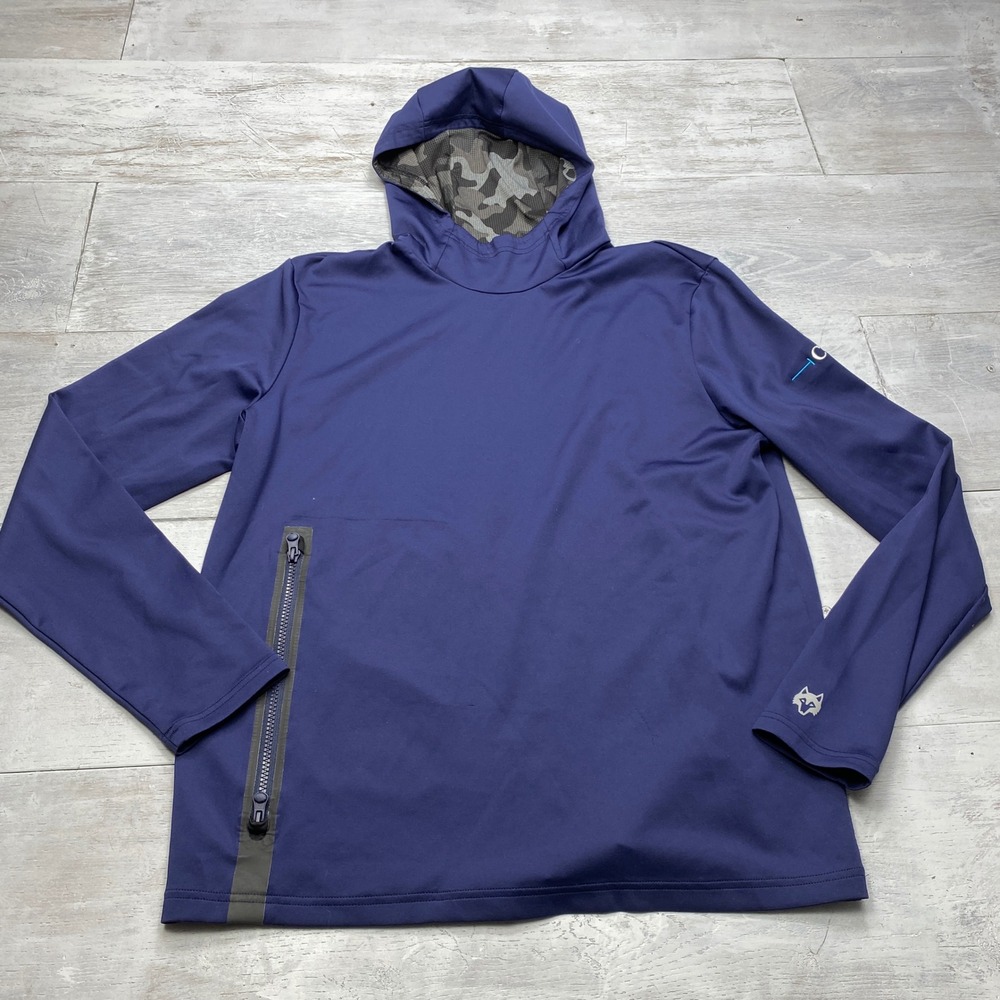 Greyson Wolf Logo Performance Hoodie Mens L Navy Blue Camo Hood Golf Activewear